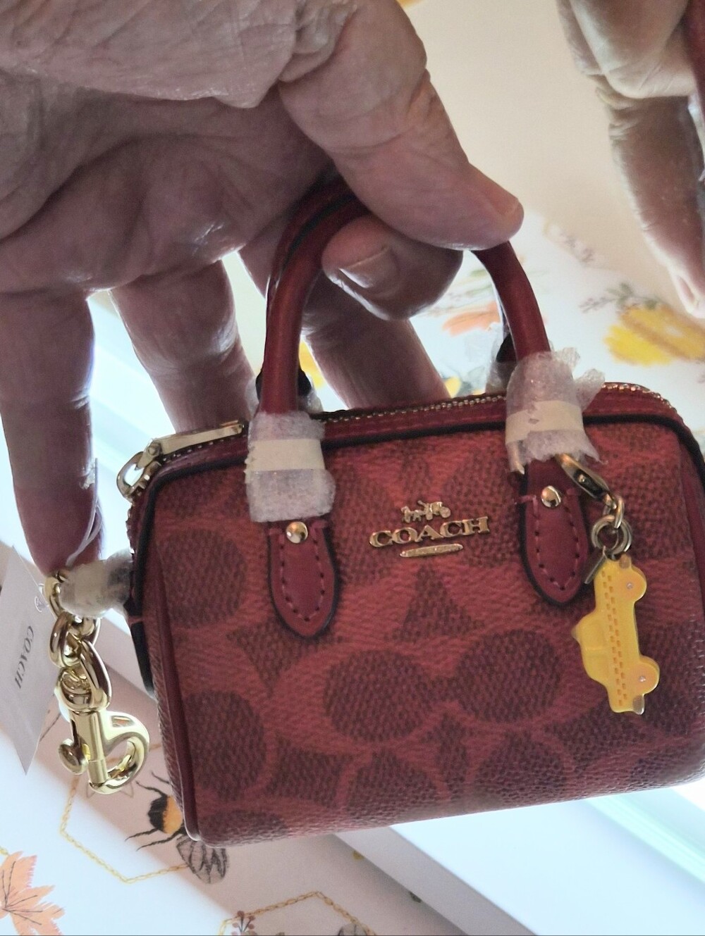 Coach Brand New Mini Rowan Bag Charm In Crimson & Gold W/ COACH TAXI DIY CHARM